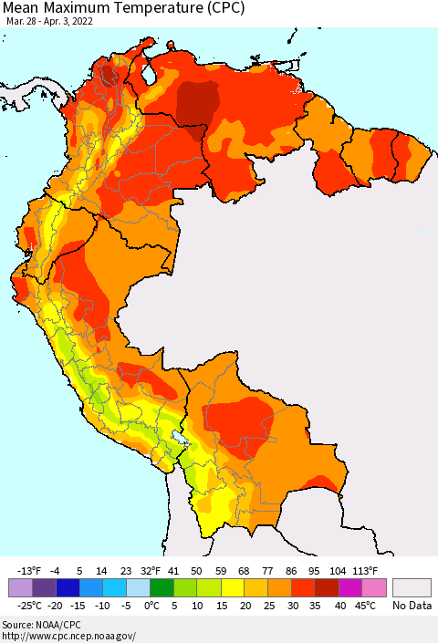 Northern South America Mean Maximum Temperature (CPC) Thematic Map For 3/28/2022 - 4/3/2022