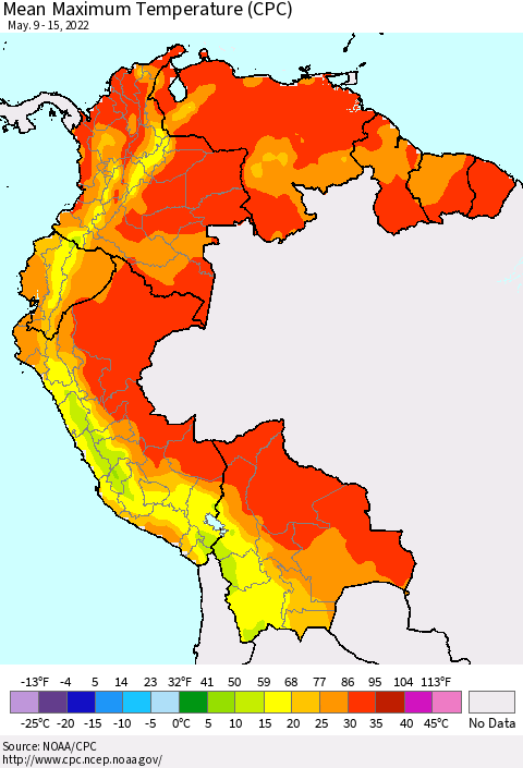 Northern South America Mean Maximum Temperature (CPC) Thematic Map For 5/9/2022 - 5/15/2022