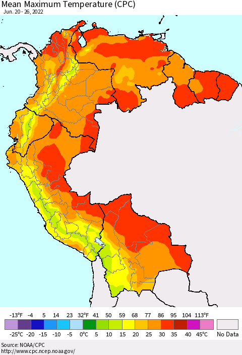 Northern South America Mean Maximum Temperature (CPC) Thematic Map For 6/20/2022 - 6/26/2022