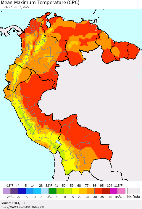 Northern South America Mean Maximum Temperature (CPC) Thematic Map For 6/27/2022 - 7/3/2022