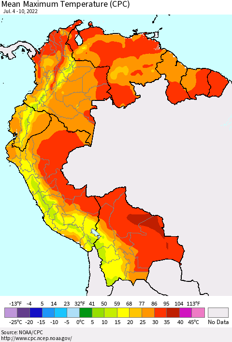 Northern South America Mean Maximum Temperature (CPC) Thematic Map For 7/4/2022 - 7/10/2022
