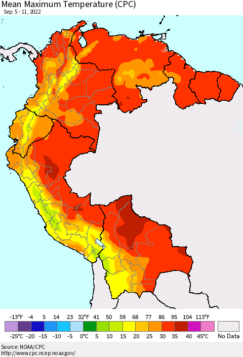 Northern South America Mean Maximum Temperature (CPC) Thematic Map For 9/5/2022 - 9/11/2022