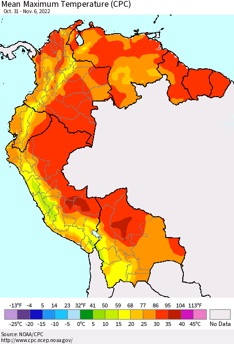 Northern South America Mean Maximum Temperature (CPC) Thematic Map For 10/31/2022 - 11/6/2022