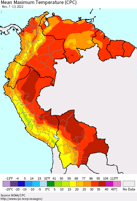 Northern South America Mean Maximum Temperature (CPC) Thematic Map For 11/7/2022 - 11/13/2022