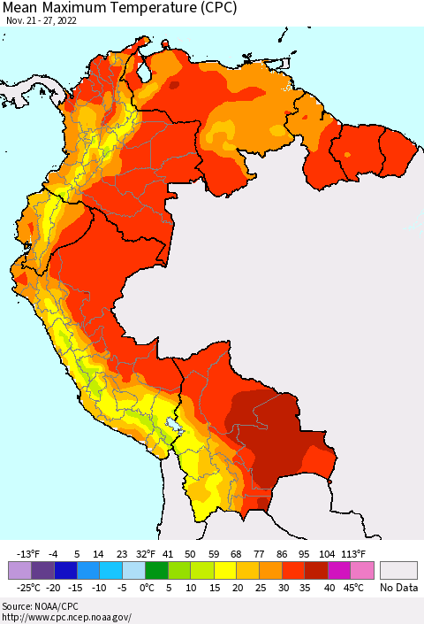 Northern South America Mean Maximum Temperature (CPC) Thematic Map For 11/21/2022 - 11/27/2022
