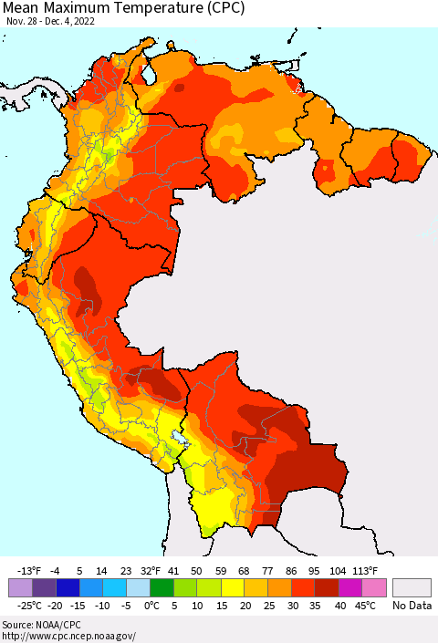 Northern South America Mean Maximum Temperature (CPC) Thematic Map For 11/28/2022 - 12/4/2022