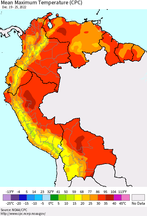 Northern South America Mean Maximum Temperature (CPC) Thematic Map For 12/19/2022 - 12/25/2022