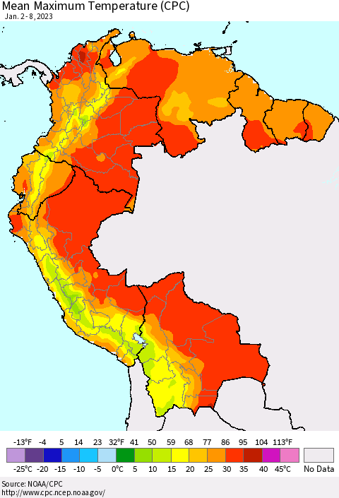 Northern South America Mean Maximum Temperature (CPC) Thematic Map For 1/2/2023 - 1/8/2023