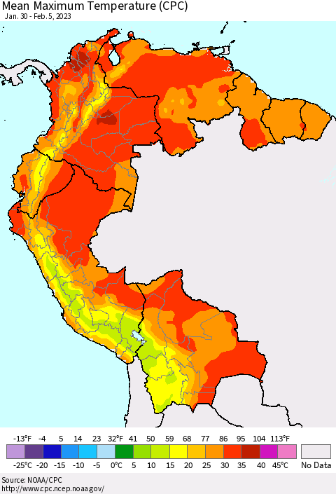 Northern South America Mean Maximum Temperature (CPC) Thematic Map For 1/30/2023 - 2/5/2023