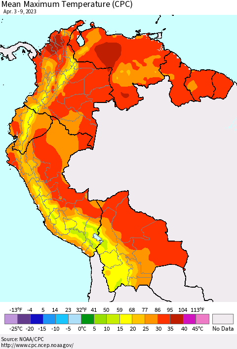 Northern South America Mean Maximum Temperature (CPC) Thematic Map For 4/3/2023 - 4/9/2023