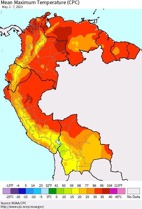 Northern South America Mean Maximum Temperature (CPC) Thematic Map For 5/1/2023 - 5/7/2023