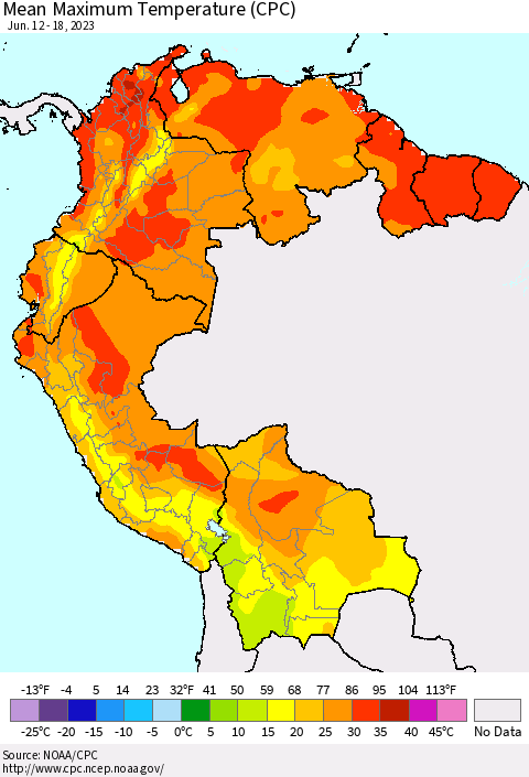 Northern South America Mean Maximum Temperature (CPC) Thematic Map For 6/12/2023 - 6/18/2023