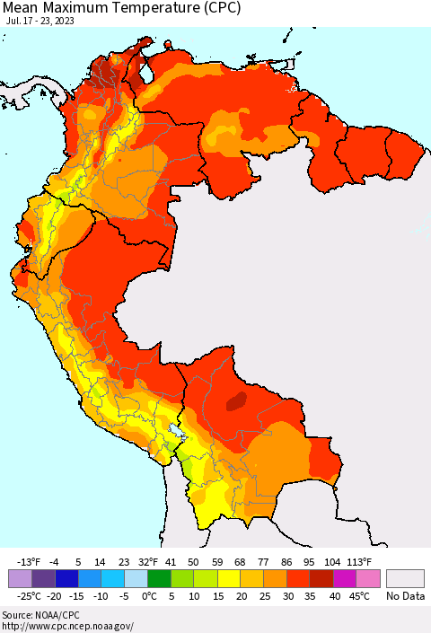 Northern South America Mean Maximum Temperature (CPC) Thematic Map For 7/17/2023 - 7/23/2023