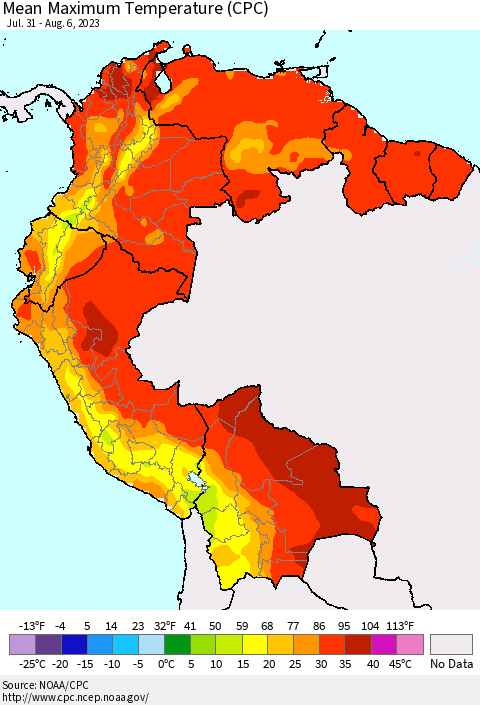 Northern South America Mean Maximum Temperature (CPC) Thematic Map For 7/31/2023 - 8/6/2023