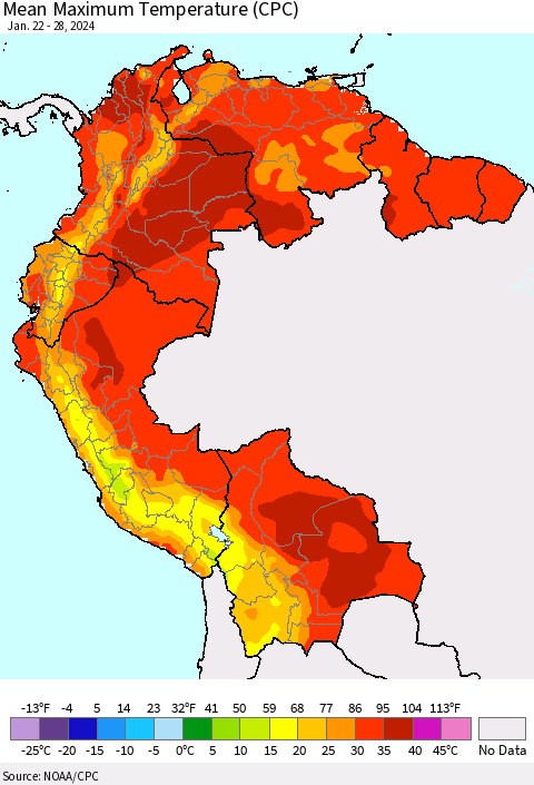 Northern South America Mean Maximum Temperature (CPC) Thematic Map For 1/22/2024 - 1/28/2024