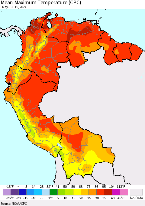Northern South America Mean Maximum Temperature (CPC) Thematic Map For 5/13/2024 - 5/19/2024