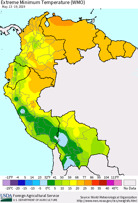 Northern South America Minimum Daily Temperature (WMO) Thematic Map For 5/13/2019 - 5/19/2019