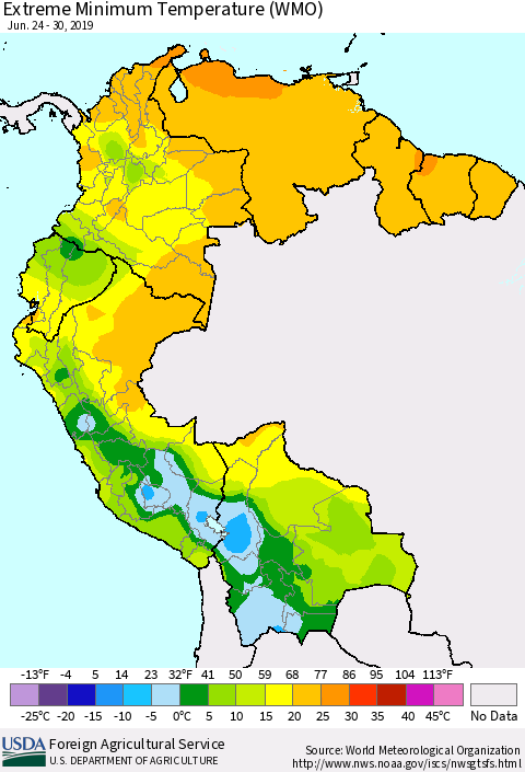 Northern South America Minimum Daily Temperature (WMO) Thematic Map For 6/24/2019 - 6/30/2019