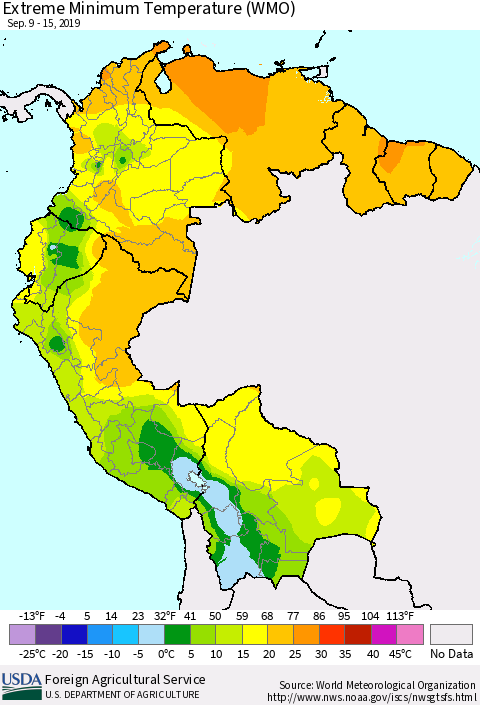 Northern South America Minimum Daily Temperature (WMO) Thematic Map For 9/9/2019 - 9/15/2019