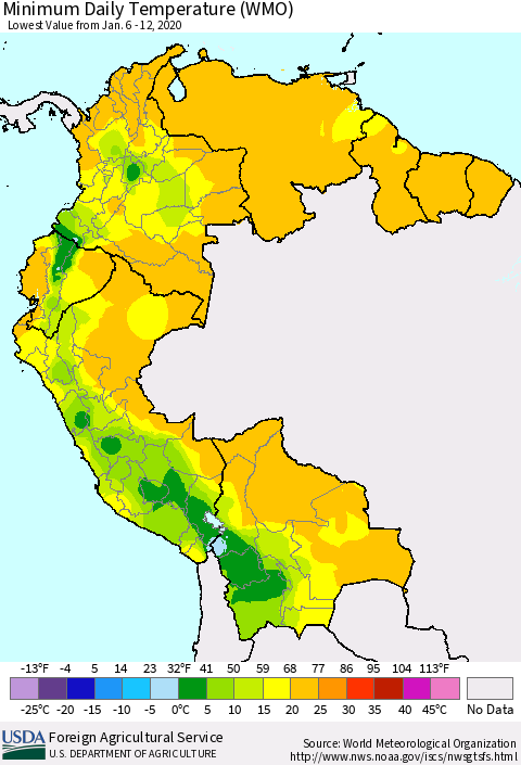 Northern South America Minimum Daily Temperature (WMO) Thematic Map For 1/6/2020 - 1/12/2020