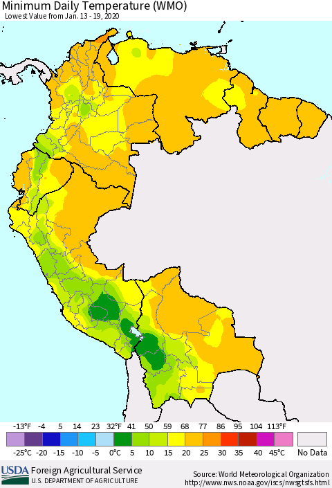 Northern South America Minimum Daily Temperature (WMO) Thematic Map For 1/13/2020 - 1/19/2020