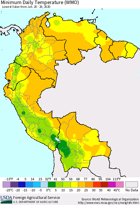 Northern South America Extreme Minimum Temperature (WMO) Thematic Map For 1/20/2020 - 1/26/2020