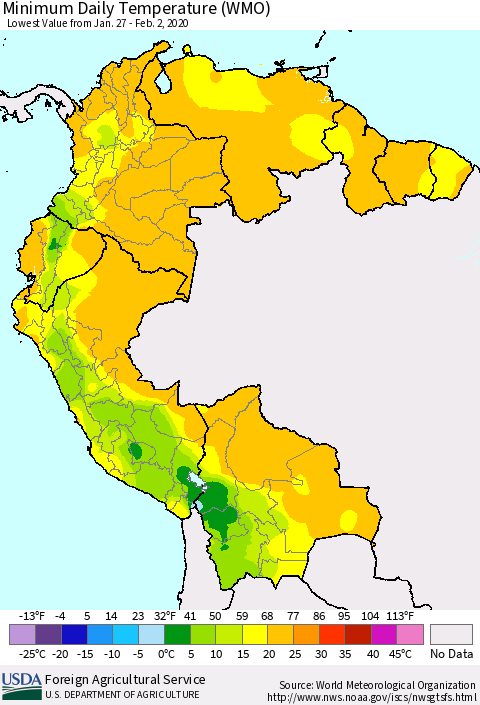 Northern South America Extreme Minimum Temperature (WMO) Thematic Map For 1/27/2020 - 2/2/2020