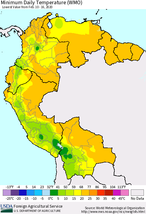 Northern South America Minimum Daily Temperature (WMO) Thematic Map For 2/10/2020 - 2/16/2020