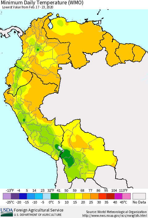 Northern South America Minimum Daily Temperature (WMO) Thematic Map For 2/17/2020 - 2/23/2020