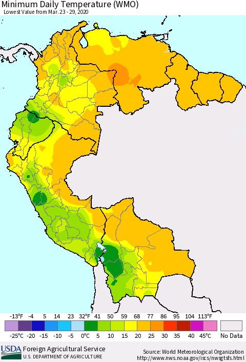Northern South America Minimum Daily Temperature (WMO) Thematic Map For 3/23/2020 - 3/29/2020