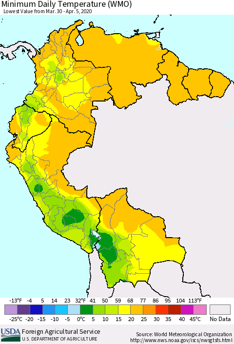 Northern South America Minimum Daily Temperature (WMO) Thematic Map For 3/30/2020 - 4/5/2020