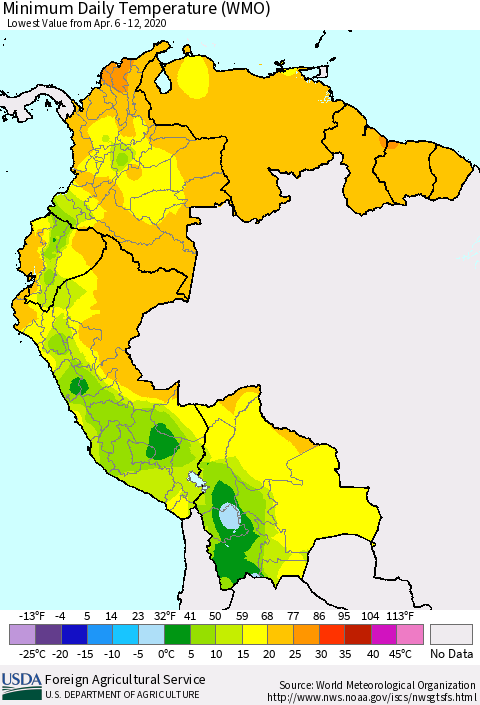 Northern South America Minimum Daily Temperature (WMO) Thematic Map For 4/6/2020 - 4/12/2020