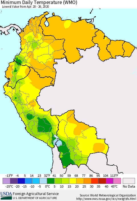 Northern South America Minimum Daily Temperature (WMO) Thematic Map For 4/20/2020 - 4/26/2020