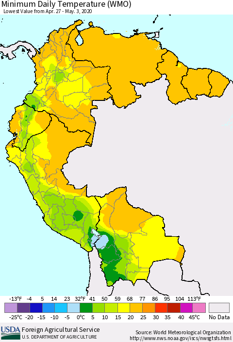 Northern South America Minimum Daily Temperature (WMO) Thematic Map For 4/27/2020 - 5/3/2020