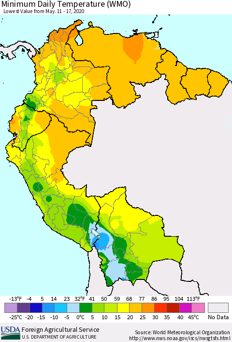 Northern South America Minimum Daily Temperature (WMO) Thematic Map For 5/11/2020 - 5/17/2020