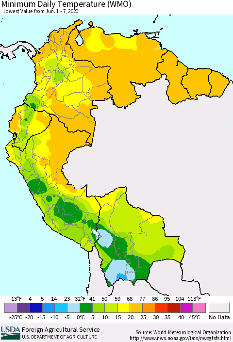 Northern South America Minimum Daily Temperature (WMO) Thematic Map For 6/1/2020 - 6/7/2020