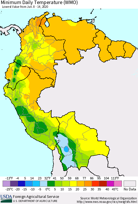 Northern South America Extreme Minimum Temperature (WMO) Thematic Map For 6/8/2020 - 6/14/2020