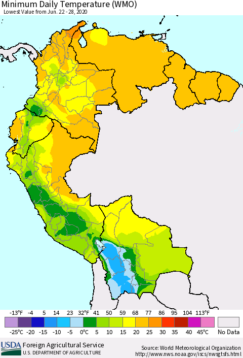 Northern South America Minimum Daily Temperature (WMO) Thematic Map For 6/22/2020 - 6/28/2020