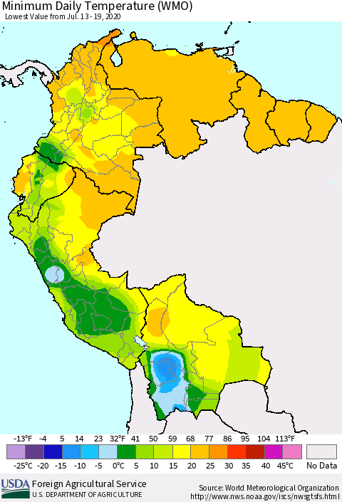Northern South America Extreme Minimum Temperature (WMO) Thematic Map For 7/13/2020 - 7/19/2020