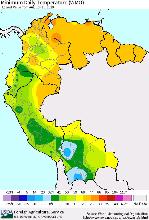 Northern South America Minimum Daily Temperature (WMO) Thematic Map For 8/10/2020 - 8/16/2020