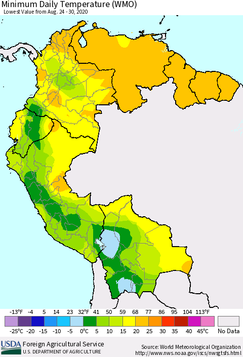 Northern South America Minimum Daily Temperature (WMO) Thematic Map For 8/24/2020 - 8/30/2020