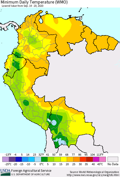 Northern South America Minimum Daily Temperature (WMO) Thematic Map For 9/14/2020 - 9/20/2020