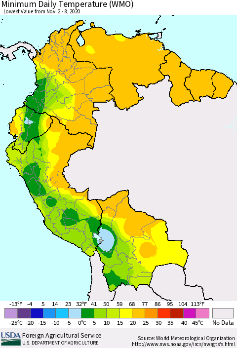 Northern South America Minimum Daily Temperature (WMO) Thematic Map For 11/2/2020 - 11/8/2020