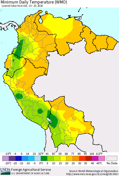 Northern South America Minimum Daily Temperature (WMO) Thematic Map For 12/14/2020 - 12/20/2020