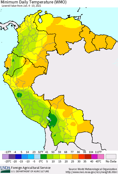 Northern South America Minimum Daily Temperature (WMO) Thematic Map For 1/4/2021 - 1/10/2021
