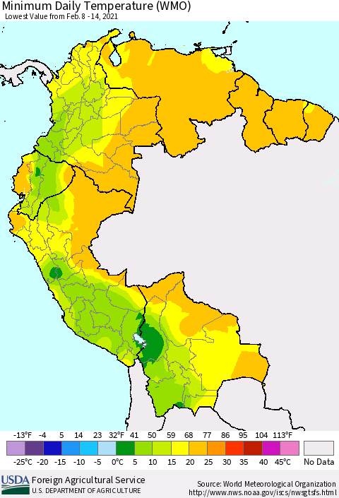 Northern South America Minimum Daily Temperature (WMO) Thematic Map For 2/8/2021 - 2/14/2021