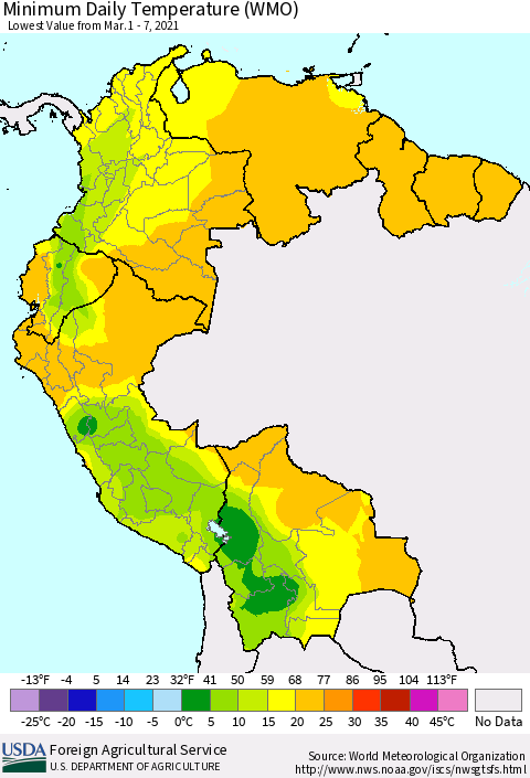 Northern South America Minimum Daily Temperature (WMO) Thematic Map For 3/1/2021 - 3/7/2021
