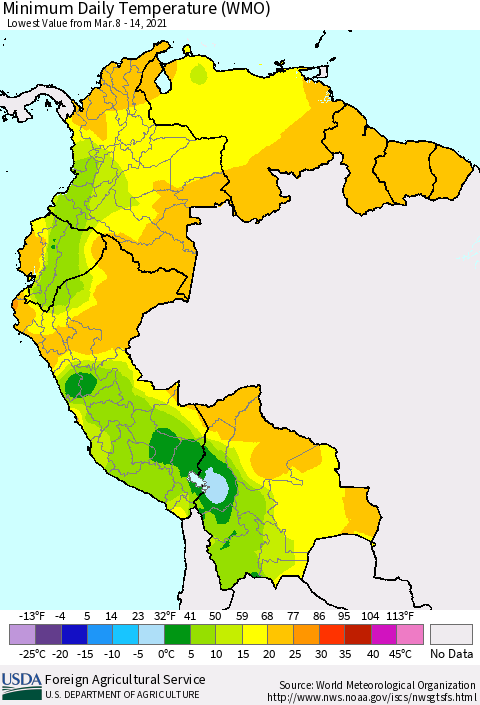 Northern South America Minimum Daily Temperature (WMO) Thematic Map For 3/8/2021 - 3/14/2021