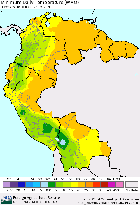 Northern South America Minimum Daily Temperature (WMO) Thematic Map For 3/22/2021 - 3/28/2021