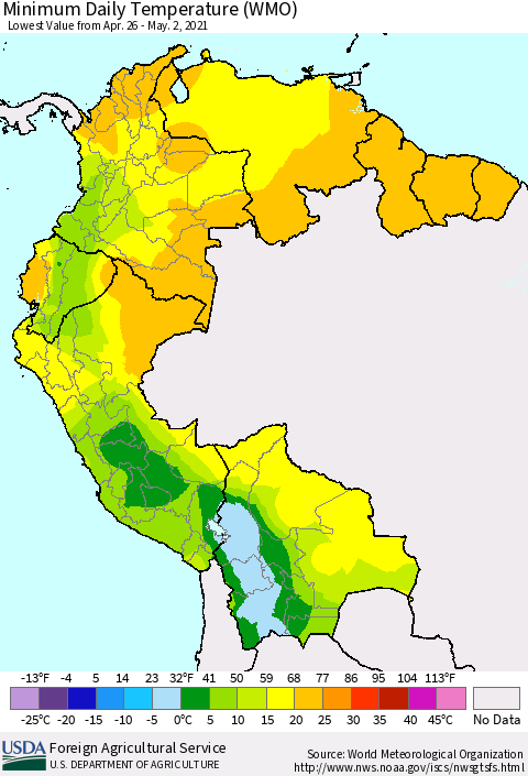 Northern South America Extreme Minimum Temperature (WMO) Thematic Map For 4/26/2021 - 5/2/2021